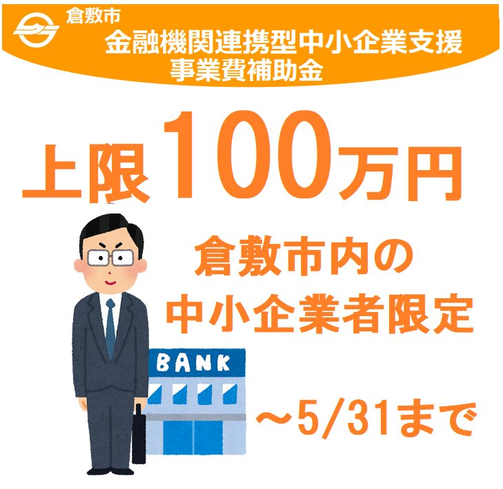 倉敷市金融機関連携型中小企業支援事業費補助金(倉敷市内の中小企業者限定上限100万円)